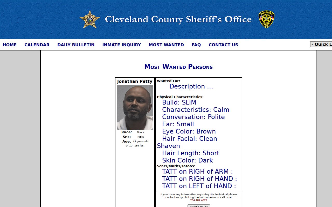 Cleveland County arrest history Most Wanted interface