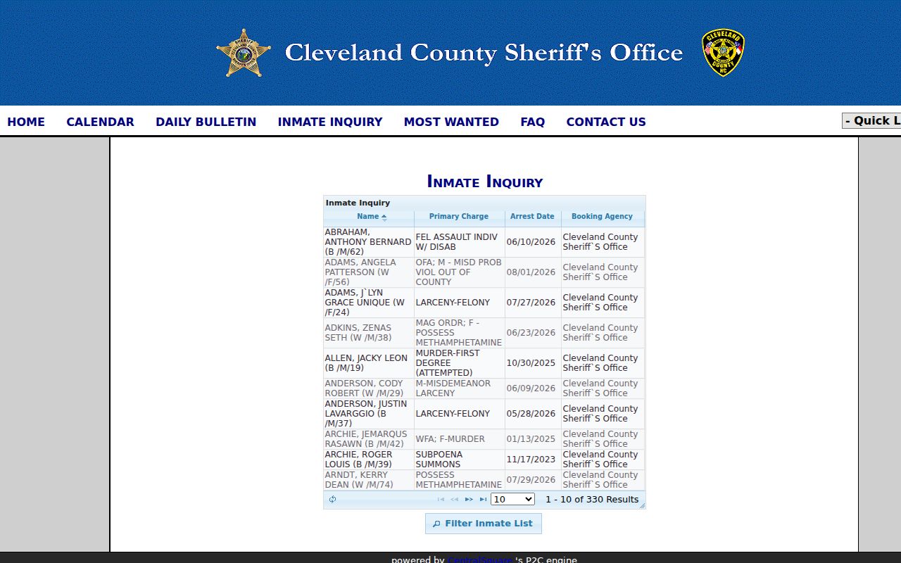 Cleveland County arrest records Inmate Inquiry search
