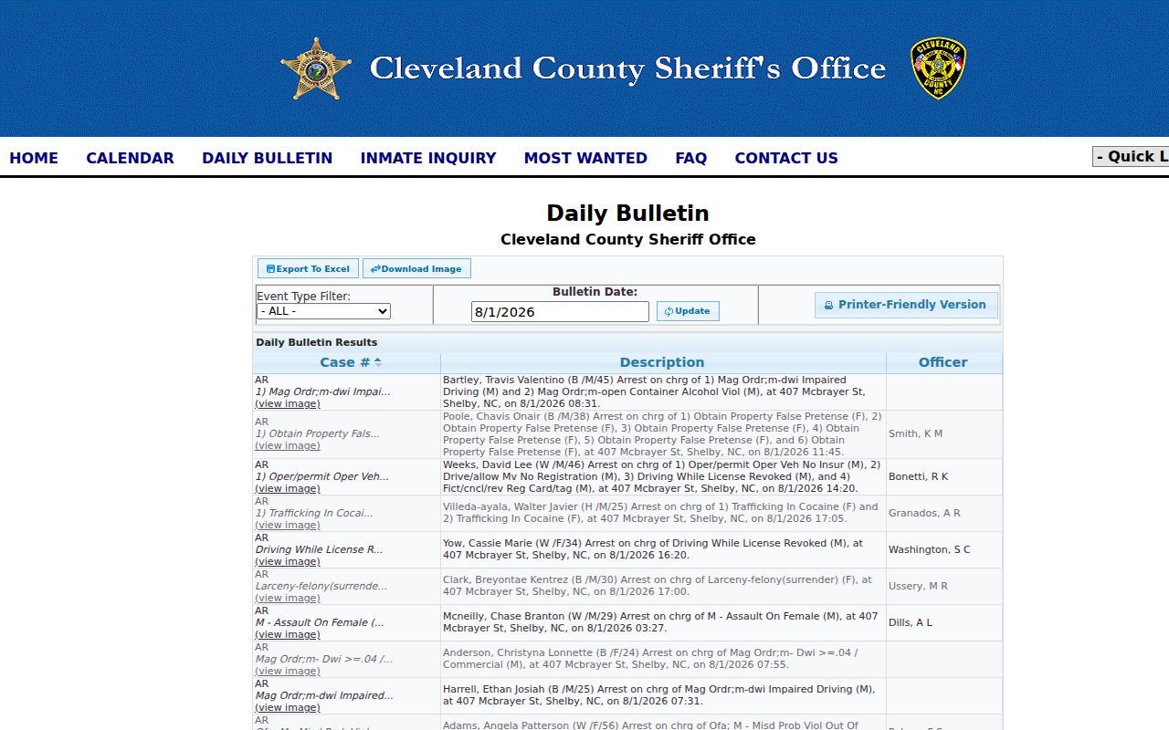 Cleveland County arrest history Daily Bulletin interface