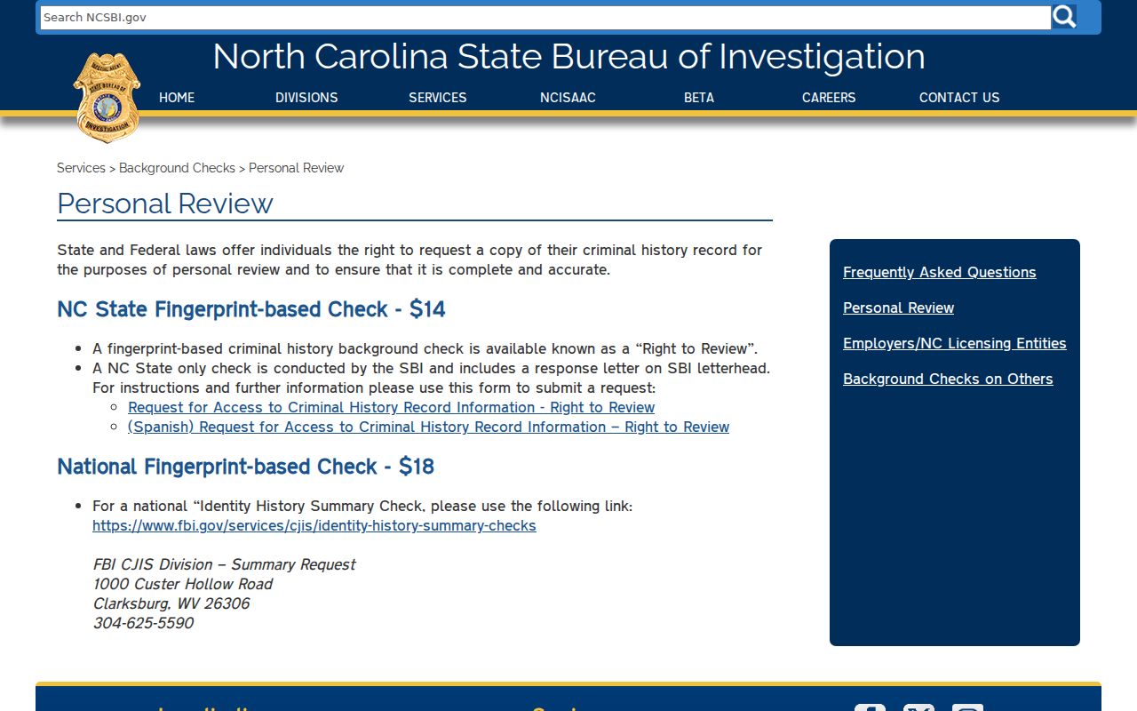 Cleveland County criminal history NCSBI personal review instructions